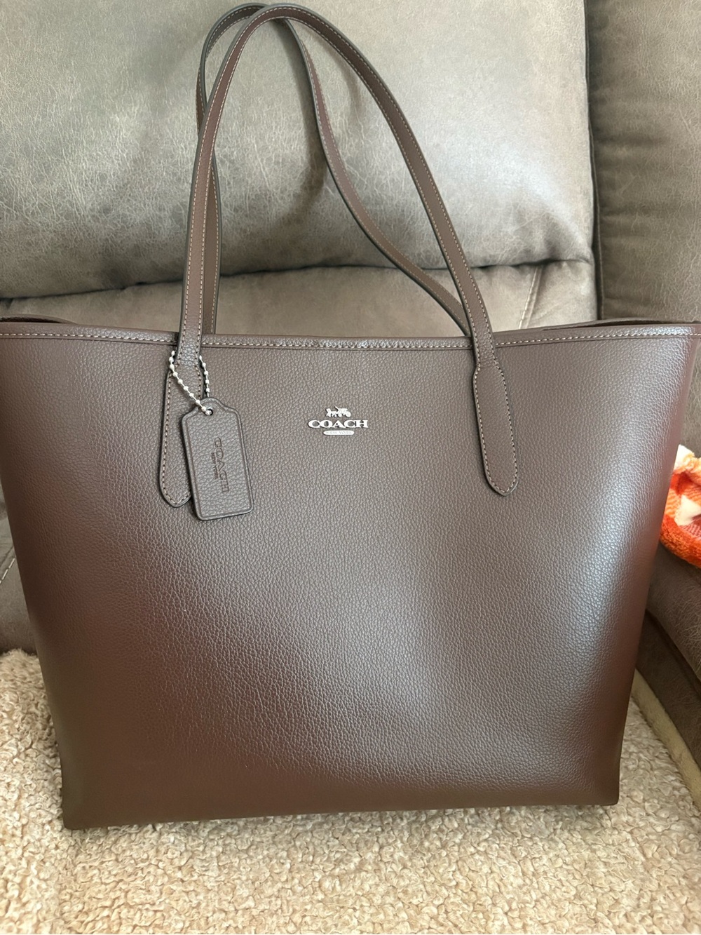 Coach Dark Brown Leather Tote with Silver Hardware